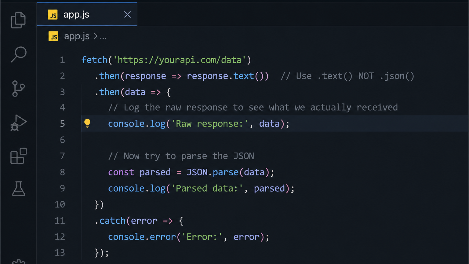 JavaScript code showing response.text() and console.log to debug JSON.parse unexpected character at line 1 column 1 error